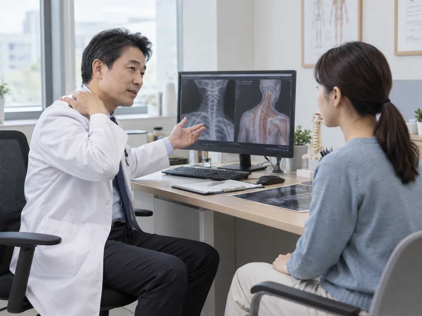 진료실에서 의사가 X-ray 화면을 가리키며 환자에게 어깨와 목 부위 상태를 설명하는 모습