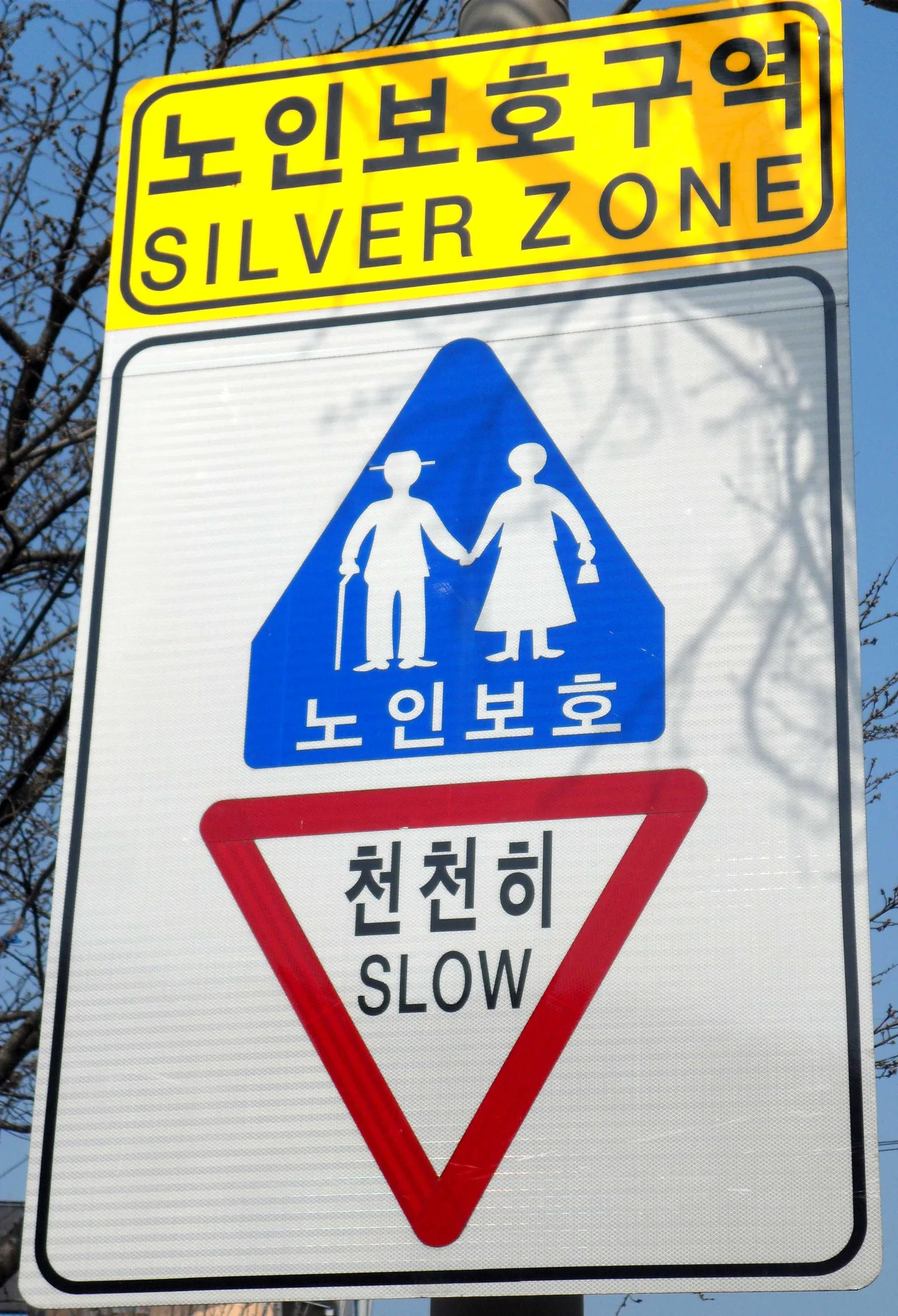 노란색 바탕에 '노인보호구역 SILVER ZONE'이라 적힌 표지판 아래, 지팡이를 짚은 노인과 다른 노인이 손을 잡고 걷는 파란색 픽토그램과 '천천히 SLOW'라고 적힌 빨간 역삼각형 표지가 함께 설치된 모습