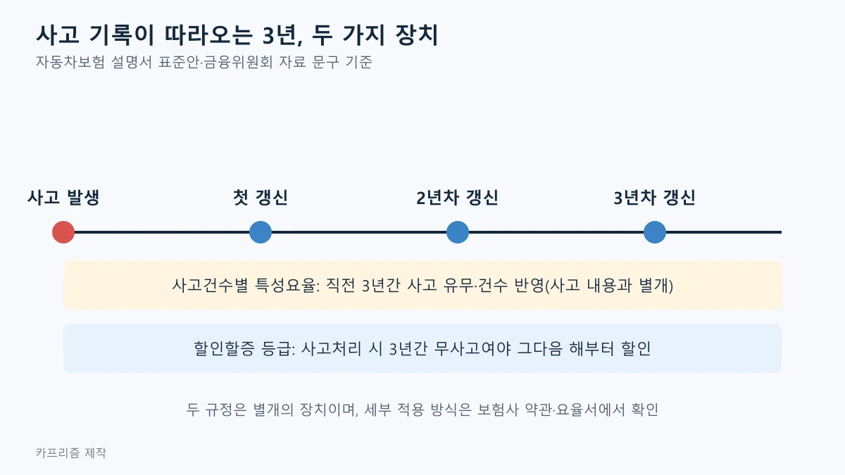 사고 발생 시점에서 첫 갱신, 2년차 갱신, 3년차 갱신으로 이어지는 시간선과 사고건수별 특성요율, 할인할증 등급 규정을 표시한 도표