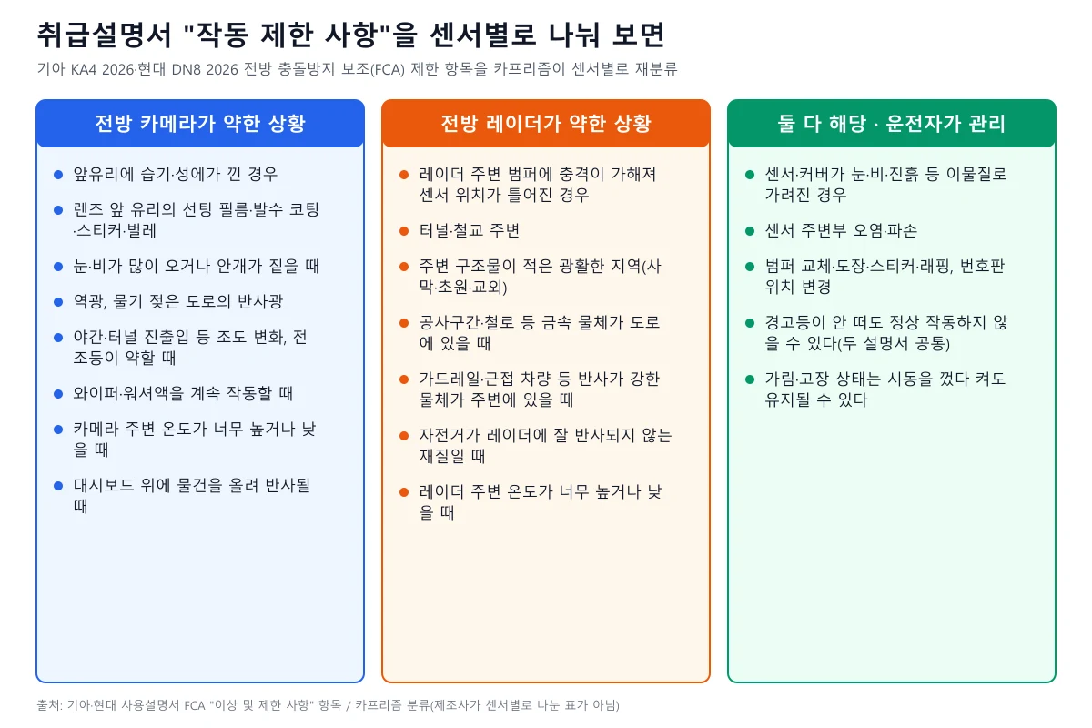 전방 카메라가 약한 상황, 전방 레이더가 약한 상황, 둘 다 해당하는 상황을 세 칸으로 나눈 도표