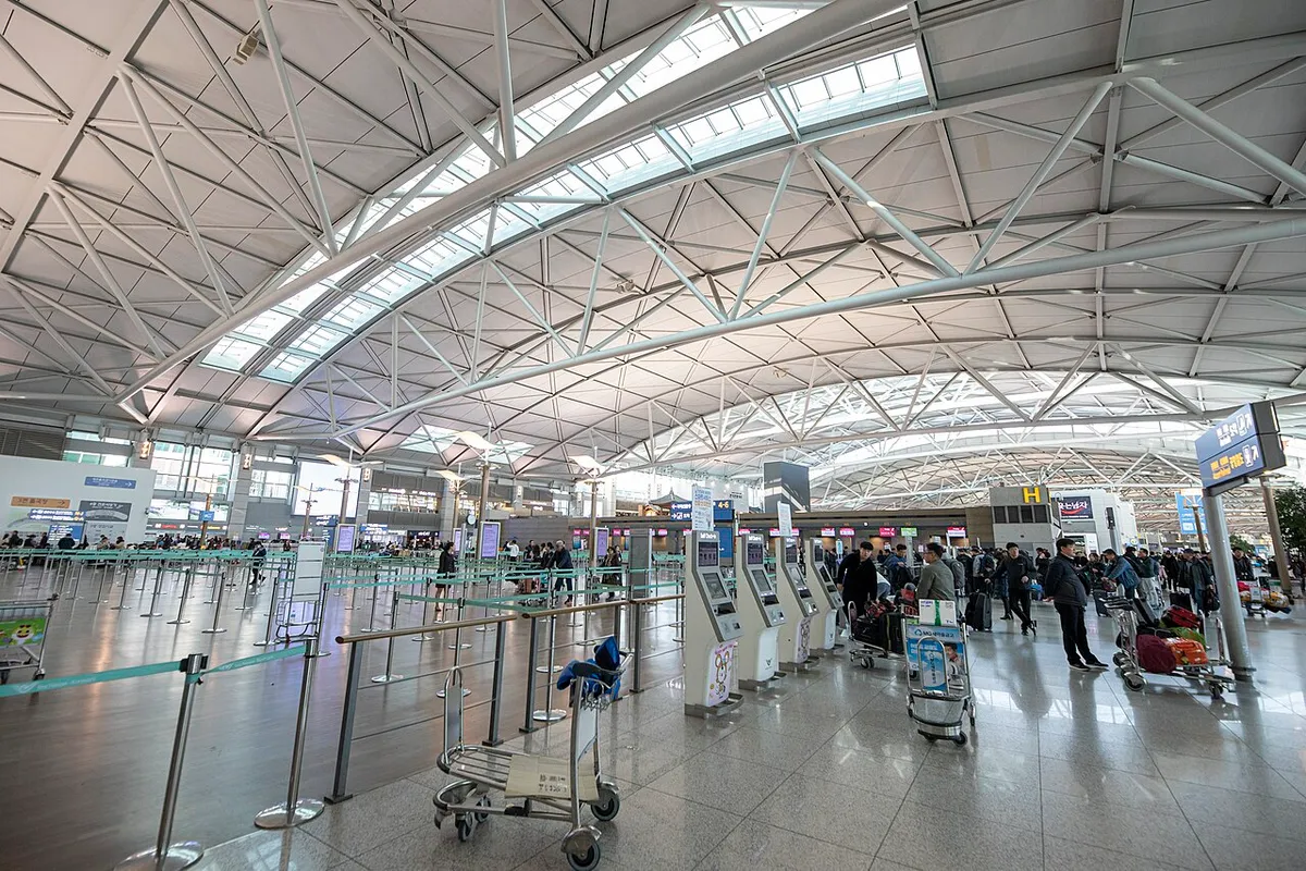 넓은 공항 출국장에 체크인 카운터와 셀프 체크인 기기가 줄지어 있는 모습