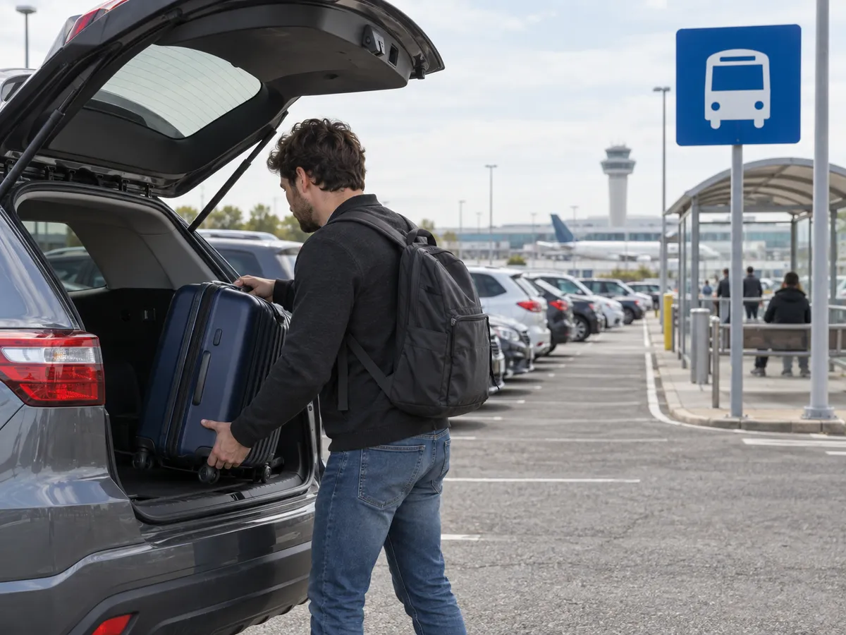공항 주차장에서 한 여행객이 SUV 트렁크에서 캐리어를 꺼내는 모습과 뒤쪽 셔틀버스 승강장 표지