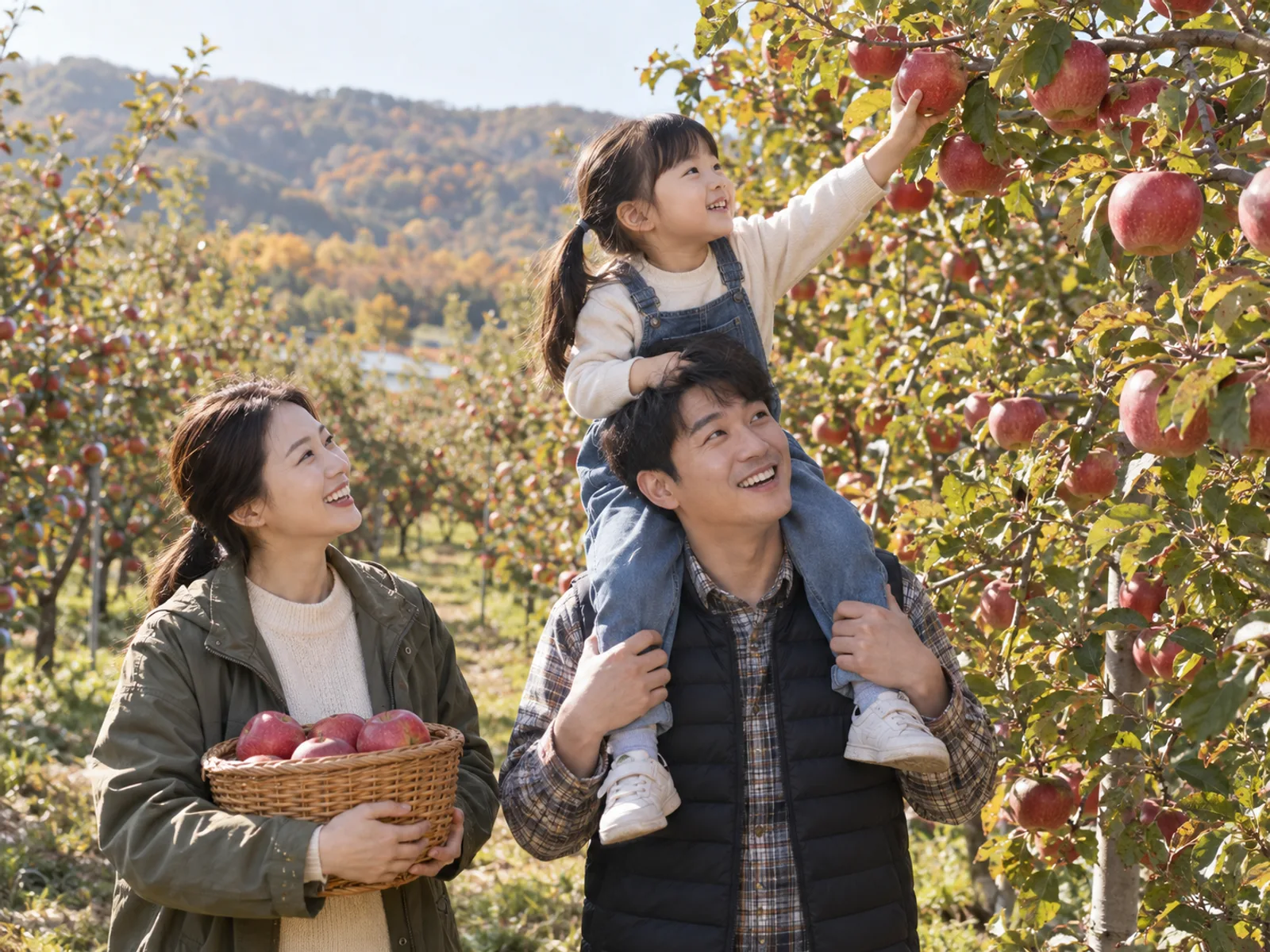 사과 과수원에서 아빠가 아이를 목마 태워 높은 가지의 사과를 따도록 도와주고 엄마가 바구니 가득 담긴 사과를 들고 웃고 있는 모습