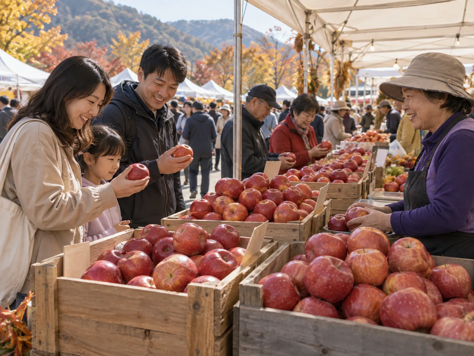 가을 지역 사과 축제 현장에서 천막 부스 아래 나무 상자에 종류별로 쌓인 빨간 사과들을 사람들이 구경하는 모습