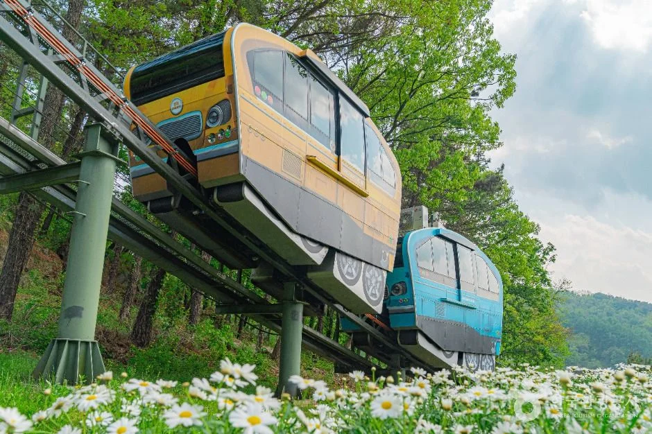 초록 숲과 흰 꽃밭 위 고가 레일을 달리는 노란색 모노레일