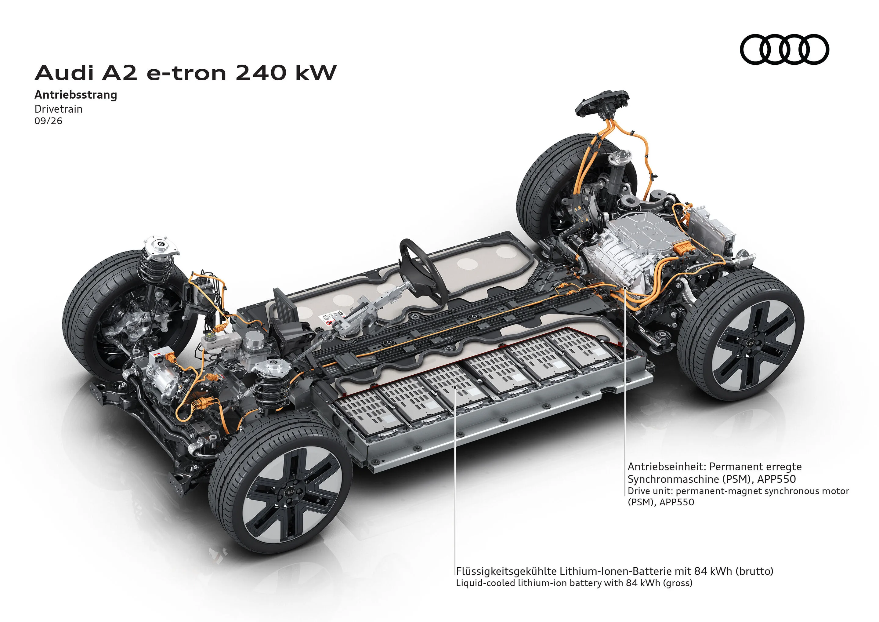 아우디 A2 e-트론 240kW 사양의 구동계 투시도, 84kWh 액체냉각 리튬이온 배터리와 영구자석 동기모터(PSM) 배치