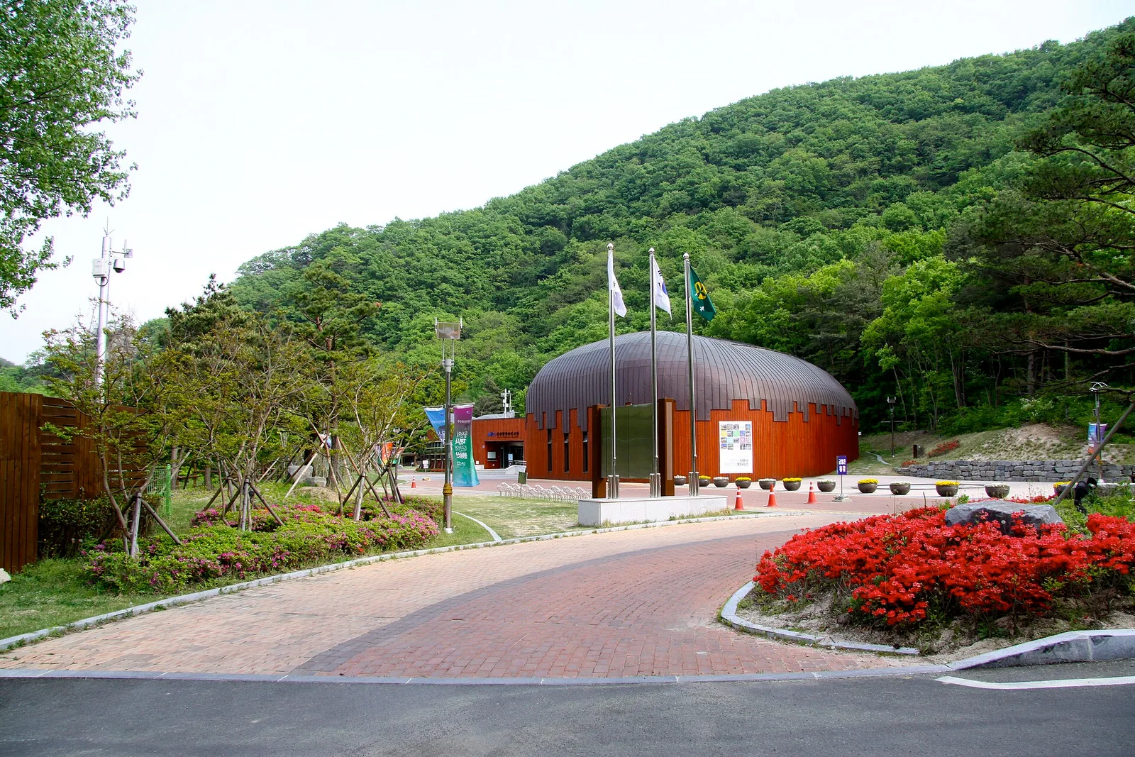 숲이 둘러싼 언덕 아래 둥근 지붕을 얹은 건물과 깃대, 붉은 꽃이 핀 화단이 있는 박물관 입구