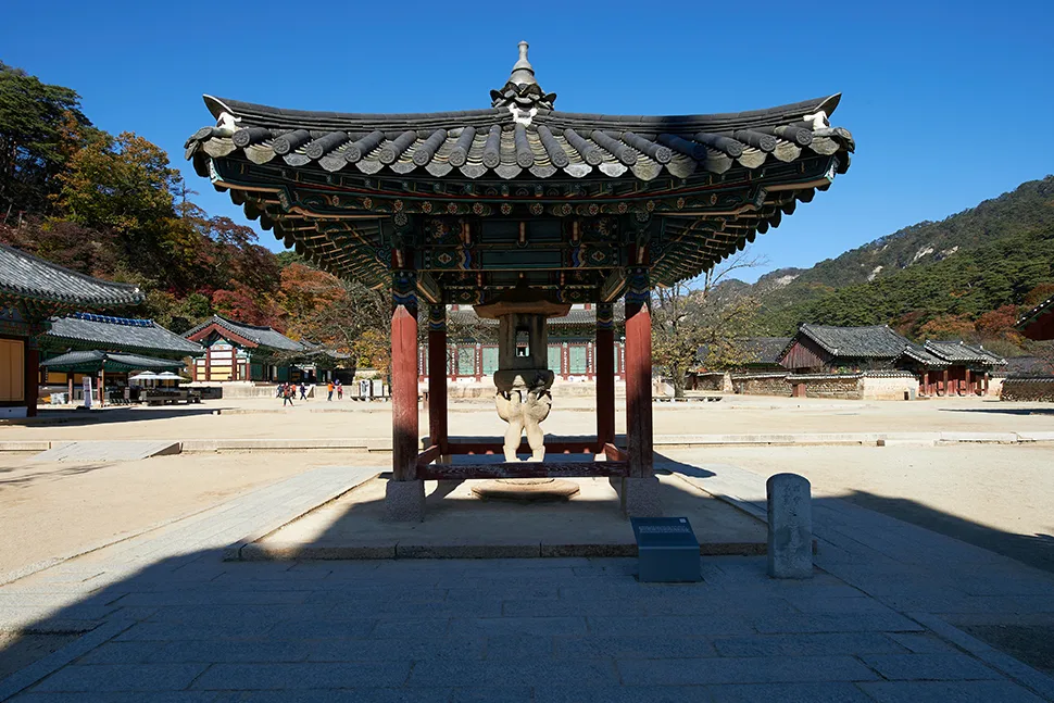 법주사 쌍사자석등, 두 마리 돌사자가 뒷다리로 서서 화사석을 떠받치고 있는 모습, 배경에 가을 단풍