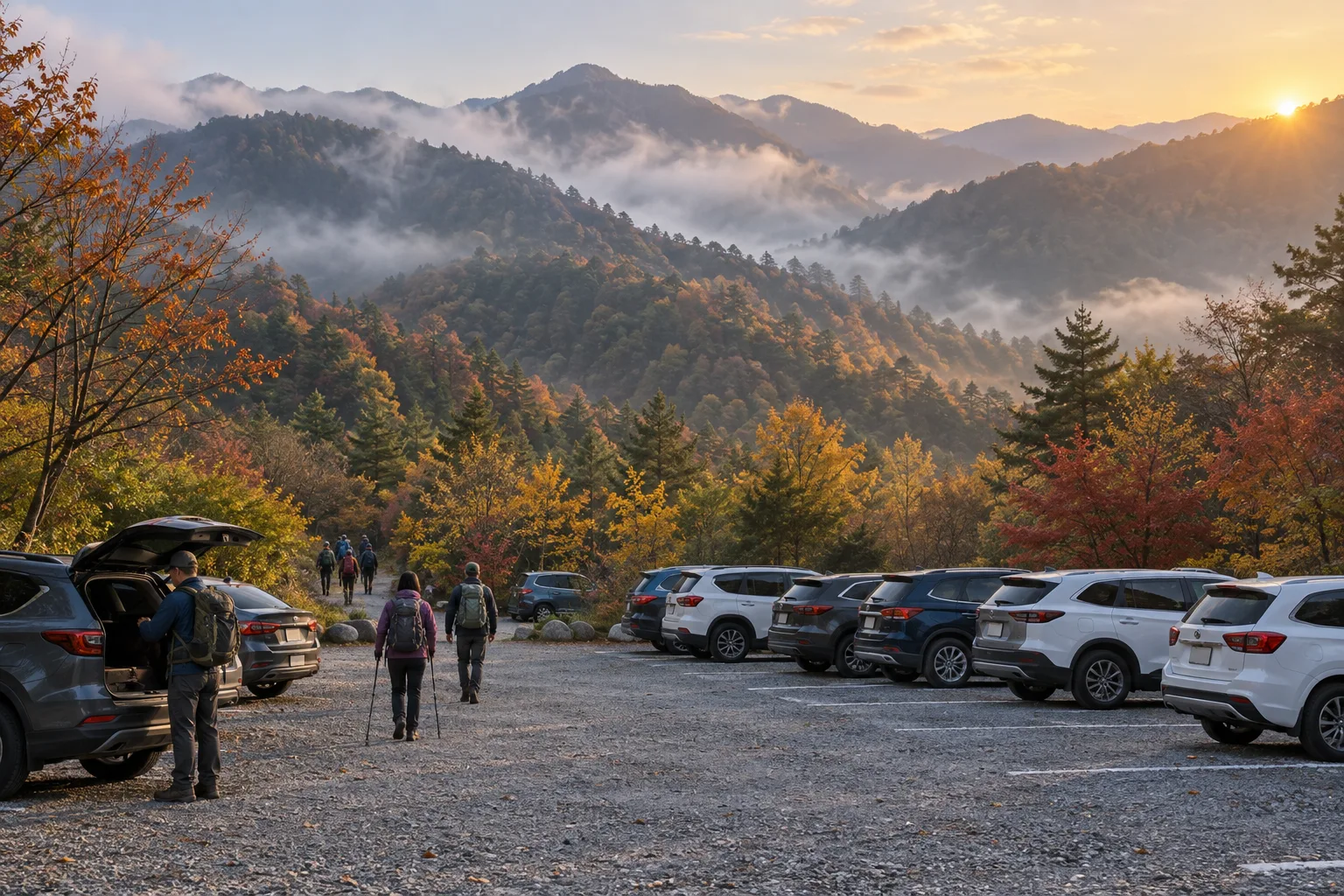 안개 낀 가을 산을 배경으로 새벽빛 아래 차들이 줄지어 주차된 자갈 주차장, 배낭을 멘 등산객들이 산길 쪽으로 걸어간다