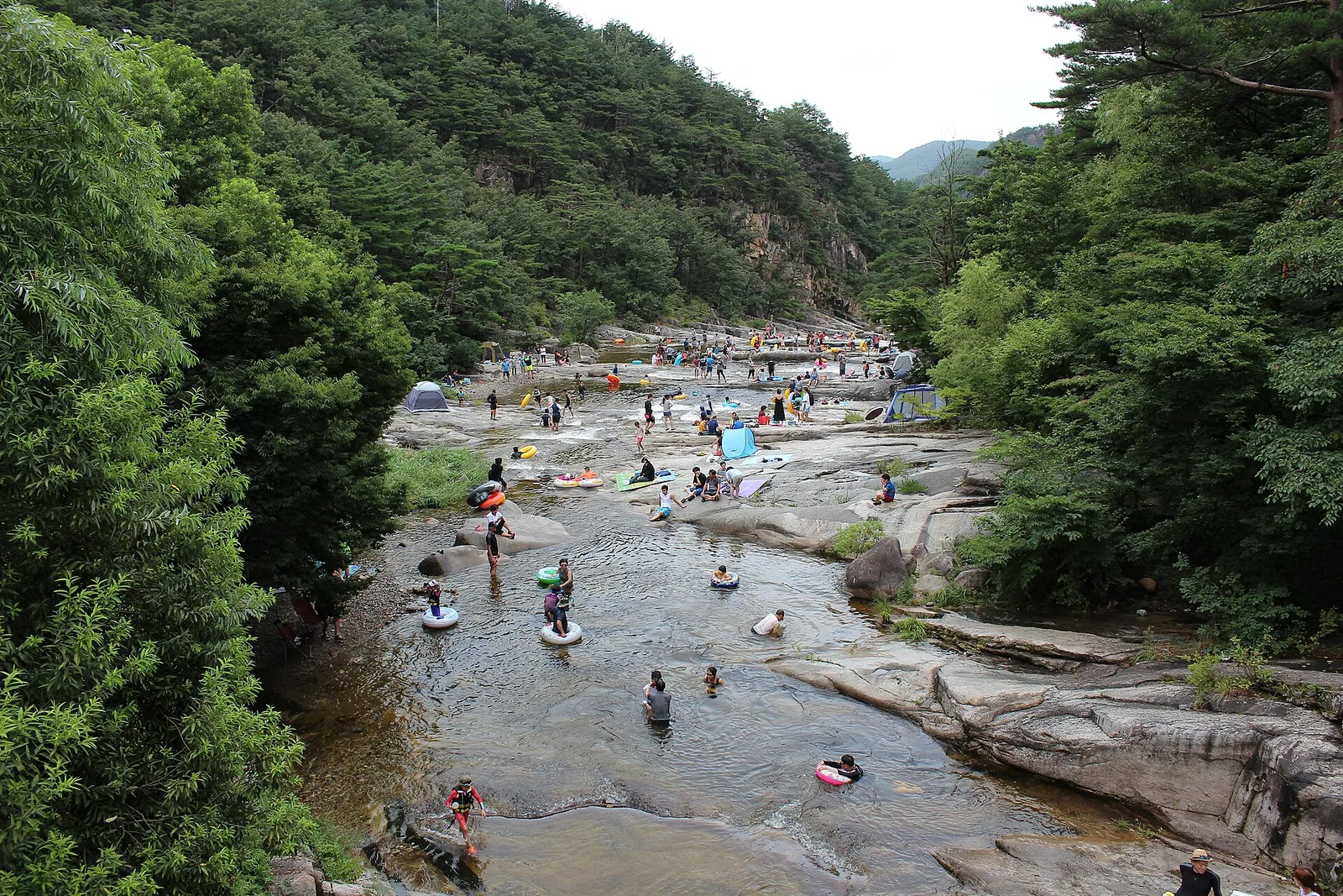 양쪽으로 초록 숲이 우거진 골짜기 사이 넓은 바위 계곡에 사람들이 물놀이를 하고 있는 여름 풍경