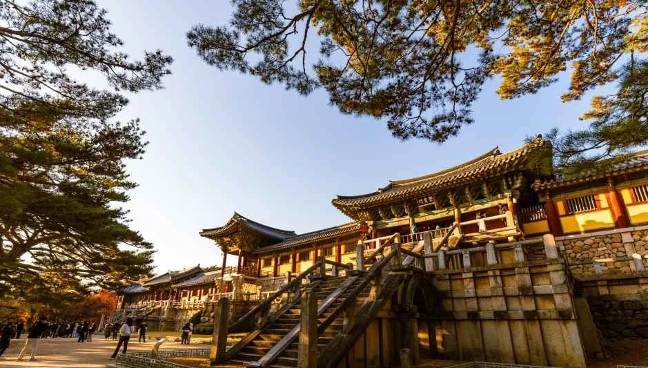 불국사 청운교·백운교와 그 위의 자하문 누각을 아래에서 올려다본 모습