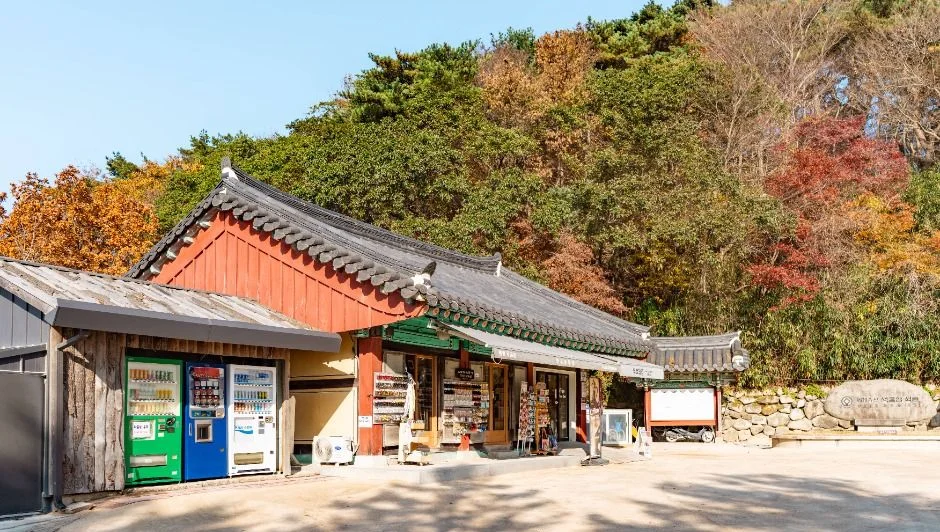 단풍이 든 숲 앞에 목조 건물과 자판기가 있는 석굴암 입구 광장