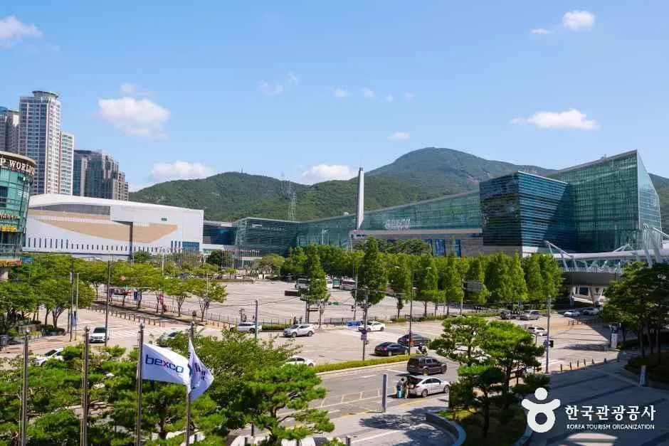 나무가 늘어선 광장 너머로 보이는 벡스코 전경