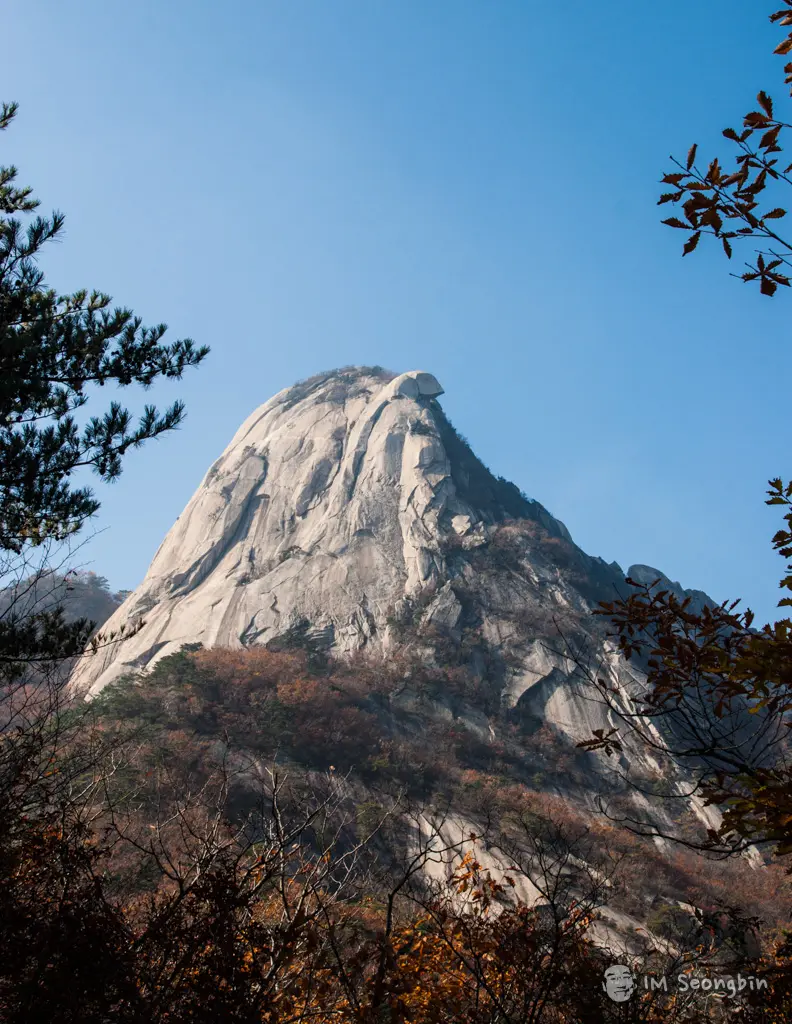 푸른 하늘을 배경으로 선 인수봉과 가을빛이 든 숲