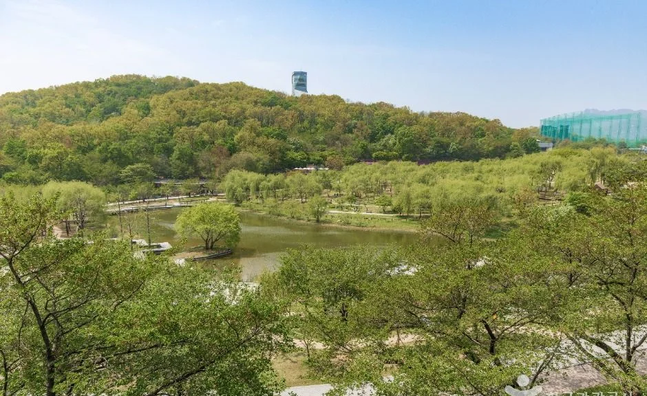 월영지와 숲 너머로 전망대 타워가 솟은 북서울꿈의숲 전경