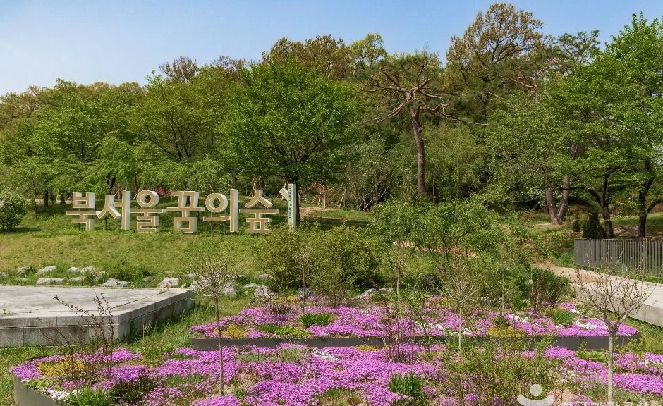 북서울꿈의숲 표지석 앞에 핀 보라색 꽃밭