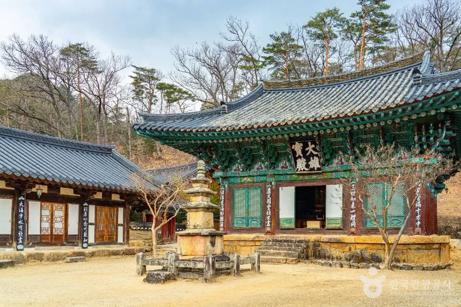 탑과 단청이 화려한 전각이 나란히 서 있는 사찰 마당
