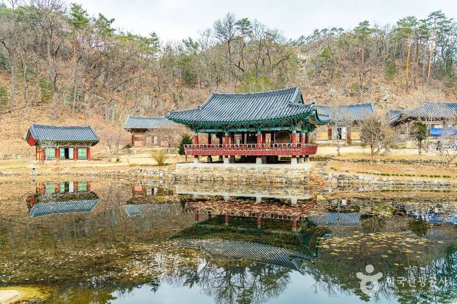 연못에 기와지붕 전각이 비치는 사찰 풍경