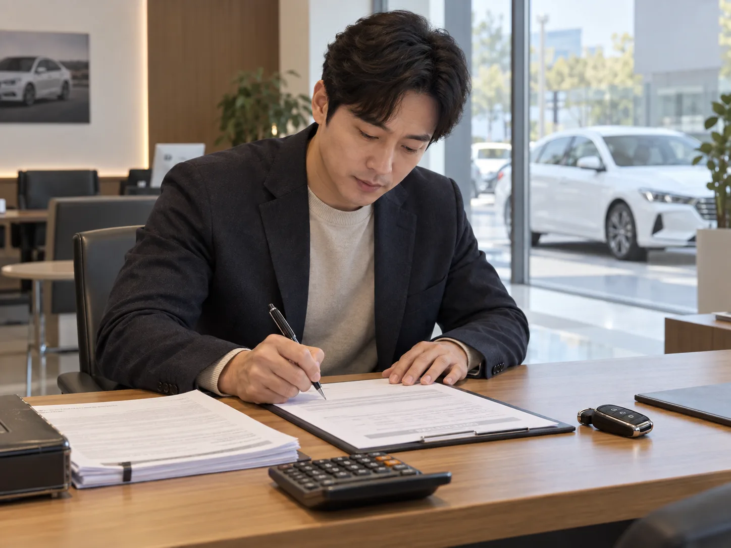 개인사업자로 보이는 남성이 자동차 딜러십 사무실에서 계산기와 세금 서류를 옆에 두고 차량 리스 계약서에 서명하는 모습