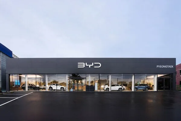 경기 평택에 위치한 BYD 오토 전시장 외관, 전시된 차량들이 유리창 너머로 보이는 사진