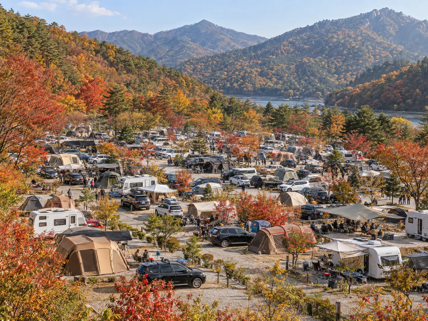 가을 단풍이 붉게 물든 산과 호수를 배경으로 텐트와 SUV, 카라반이 빼곡히 들어찬 오토캠핑장에 나들이객들이 붐비는 낮 풍경