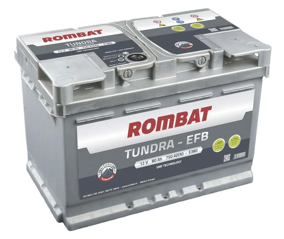 은회색 EFB 자동차 배터리 제품 사진, 윗면에 둥근 점검창이 있고 앞면에 12V 80Ah 750A(EN) 표기가 있다
