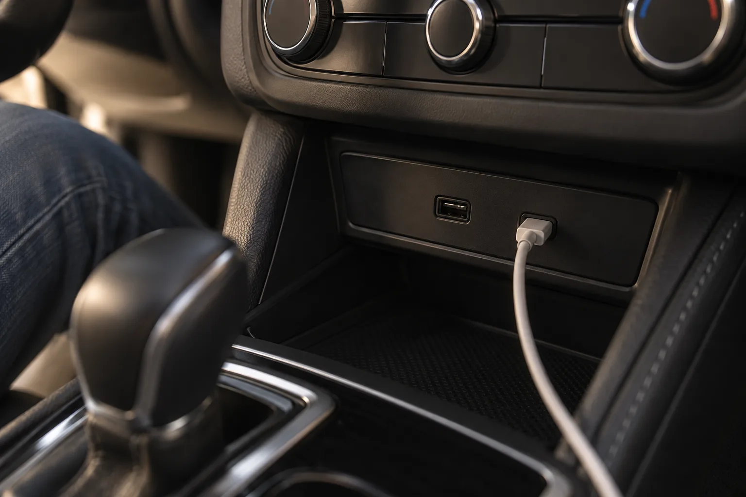 변속 레버 앞 수납공간 위쪽에 USB-A와 USB-C 포트가 나란히 있고, 한쪽에 흰색 케이블이 꽂혀 있다(AI 생성 이미지)
