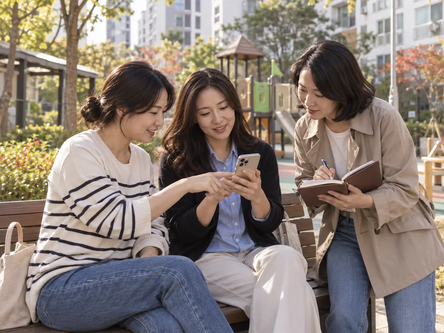 아파트 단지 벤치에서 학부모 세 명이 스마트폰과 다이어리를 보며 자녀 등하교 카풀 일정을 상의하는 모습