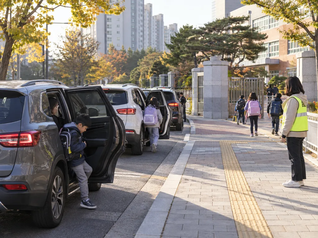 아침 등굣길 초등학교 정문 앞, 학부모들의 차량이 줄지어 서서 아이들이 차례로 내려 등교하는 카풀 하차 모습