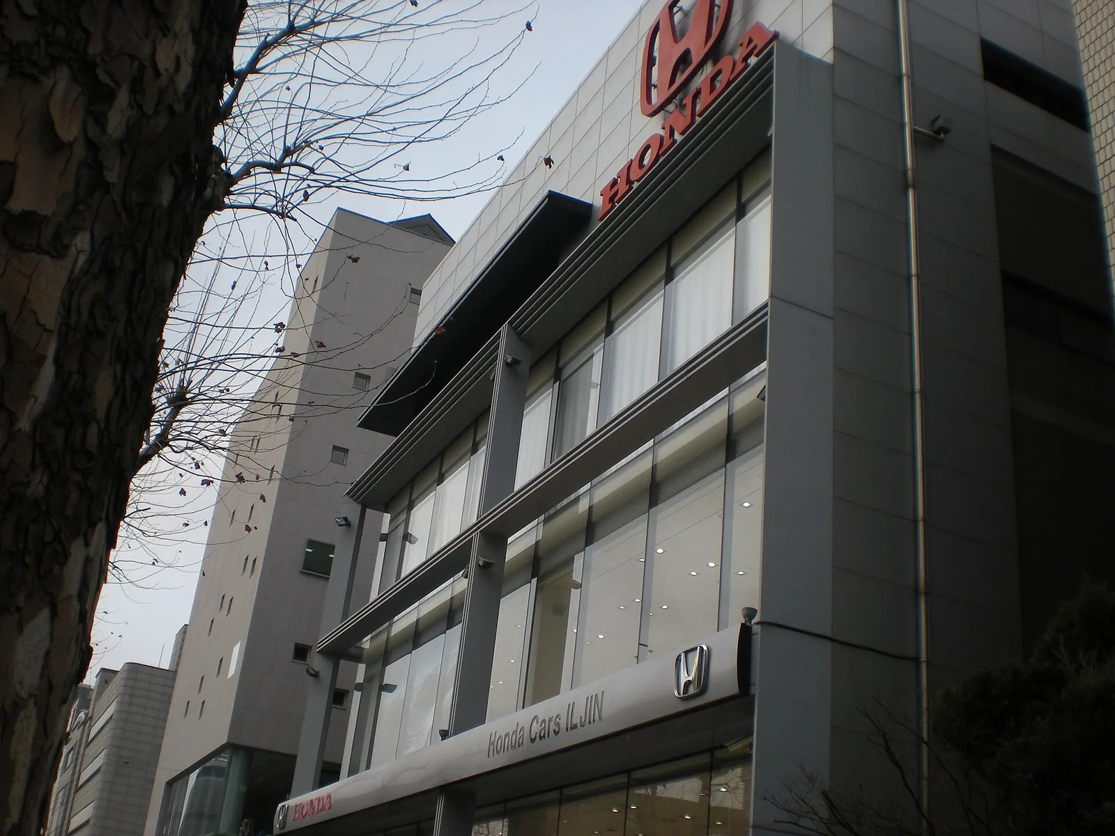 혼다 로고가 걸린 도심 자동차 전시장 건물 외관