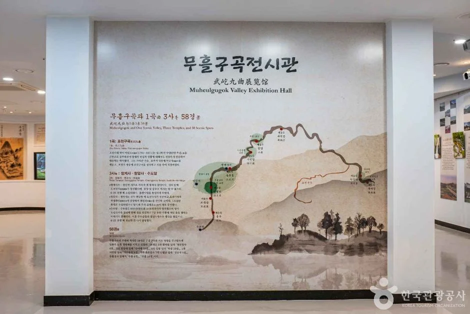 무흘구곡전시관 로비 벽면의 무흘구곡 지도 그림