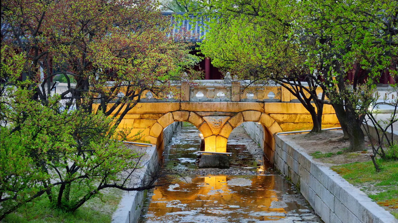 야간 조명이 켜진 창경궁 옥천교