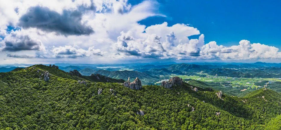 푸른 숲 사이로 산줄기와 기암괴석이 이어진 천관산 항공 사진