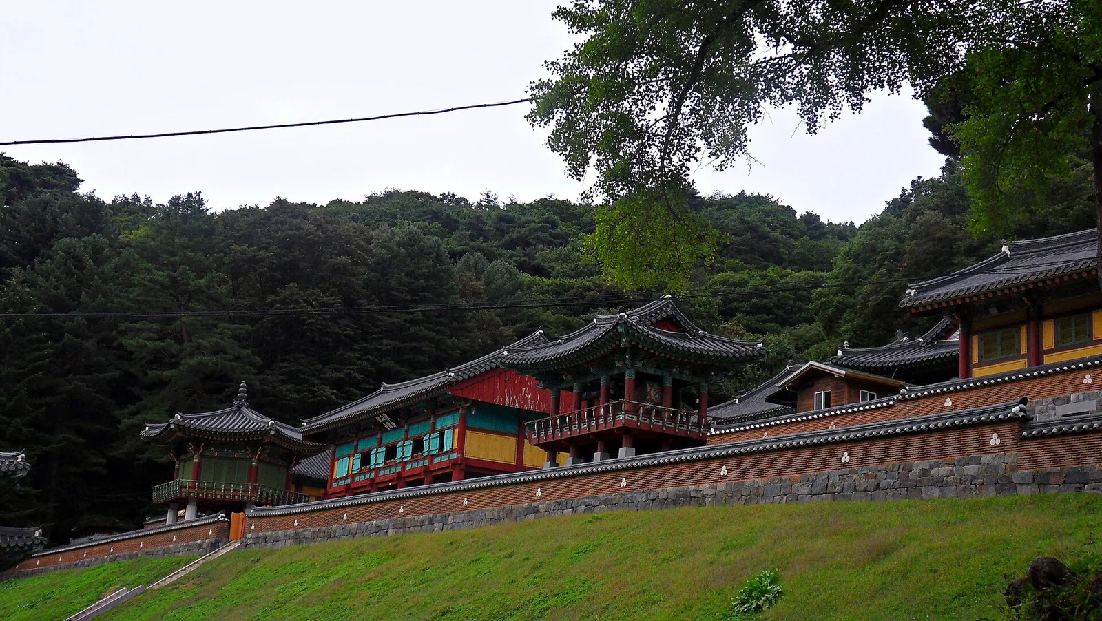 치악산 구룡사 경내, 화려한 단청의 전각과 누각이 산자락 아래 자리한 모습