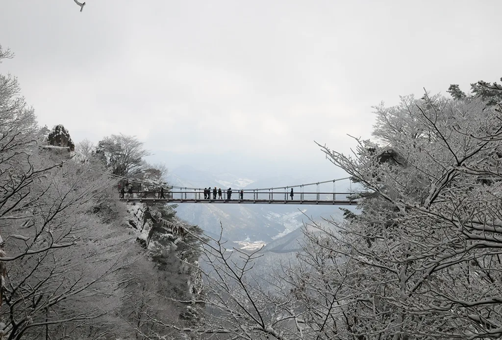 눈이 소복이 쌓인 겨울철 대둔산 금강구름다리, 뒤로 설경을 이룬 암봉이 보인다