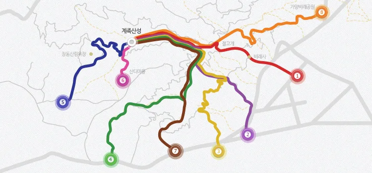계족산 황톳길 전체 순환 코스를 색깔별 번호로 표시한 지도, 계족산성을 중심으로 8개 구간이 서로 다른 색 선으로 표시돼 있다
