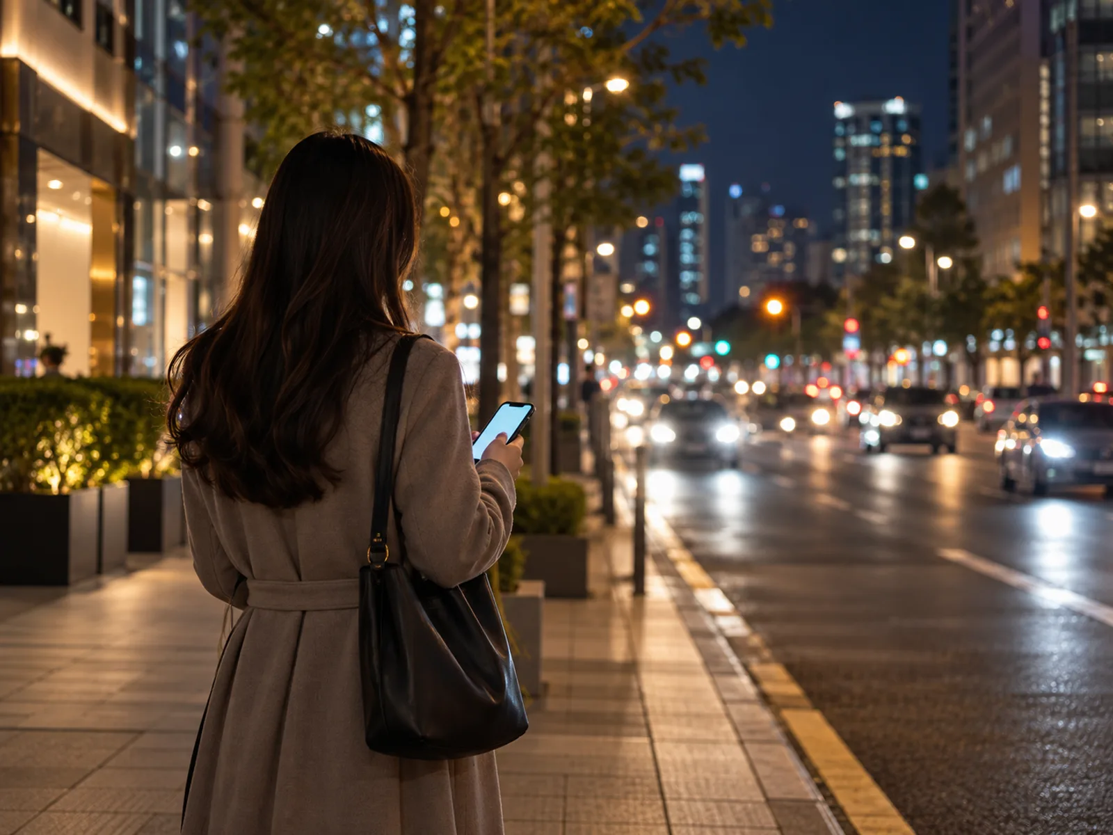 밤 도시 보도에서 스마트폰으로 호출한 차를 기다리는 사람의 뒷모습을 표현한 AI 생성 이미지