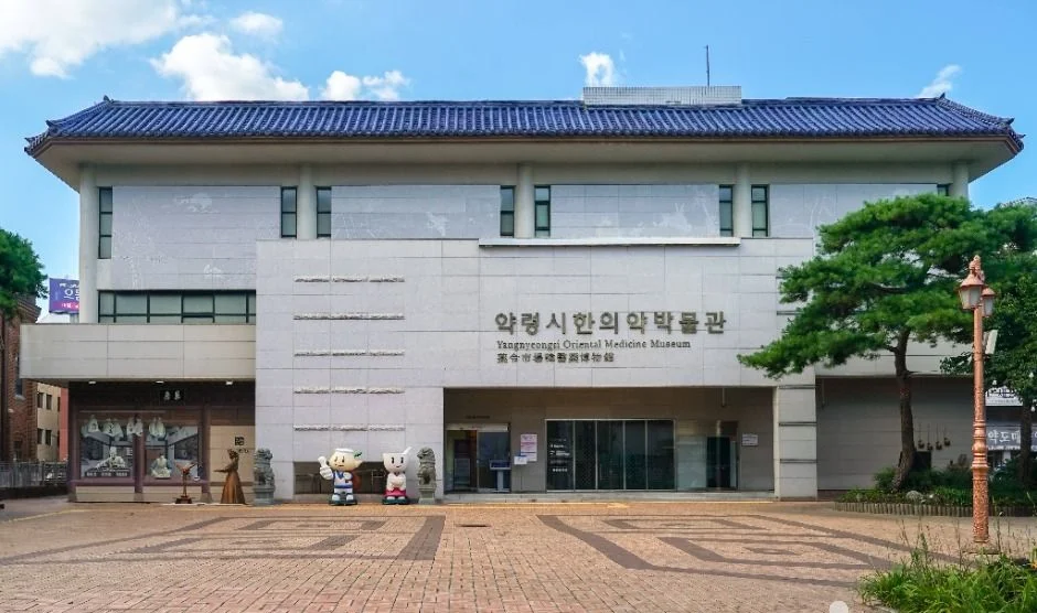 흰색 외벽과 기와 지붕선이 보이는 약령시 한의약박물관 외관