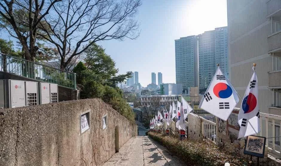 담장을 따라 태극기가 걸린 비탈 골목과 도심 아파트