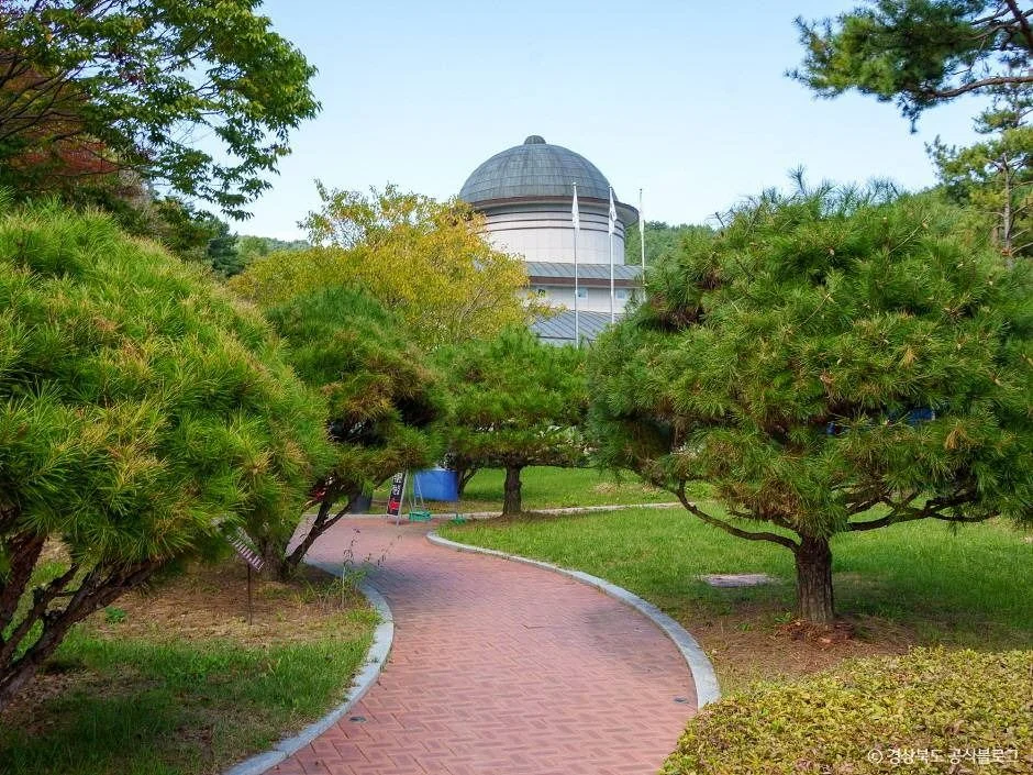 소나무와 벽돌길, 둥근 지붕 건물이 보이는 우륵박물관 정원