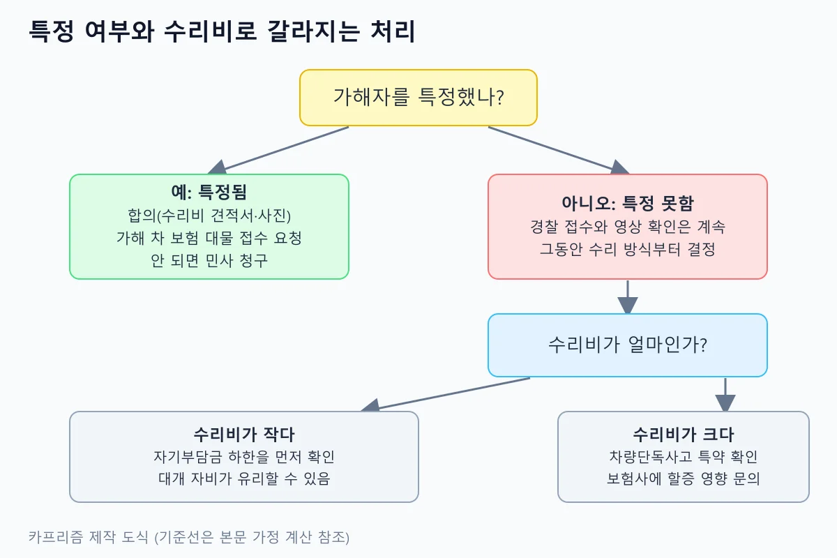 가해자 특정 여부와 수리비 크기에 따라 합의, 대물 접수, 자비 수리, 차량단독사고 특약 확인으로 나뉘는 도식