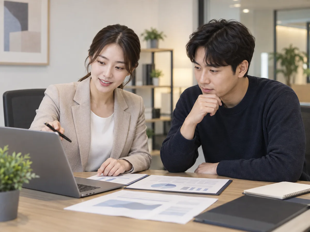 밝은 상담 사무실 책상에서 상담원과 30대 남성 운전자가 노트북과 서류를 함께 보며 보험 보장 내용을 상담하는 모습