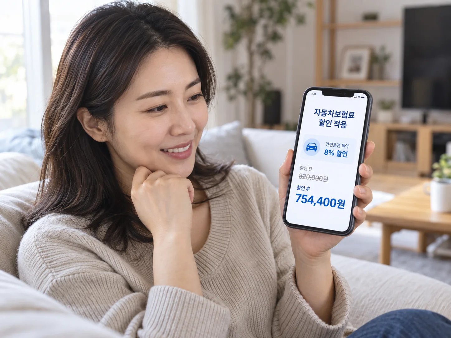 스마트폰으로 자동차보험료 할인 적용 화면을 확인하는 모습