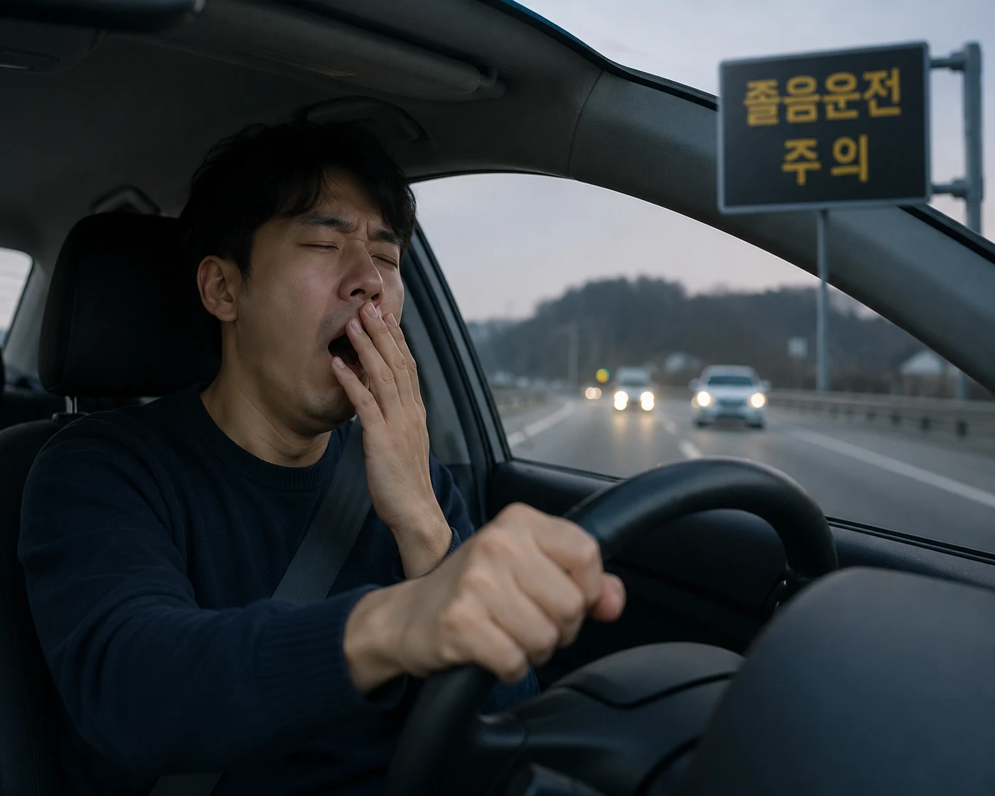 운전 중 하품하는 운전자, 도로 위 '졸음운전 주의' 표지판