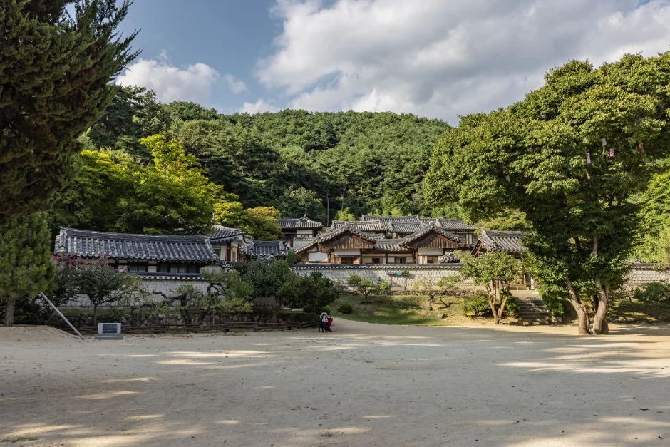 넓은 모래 마당 너머로 서원 건물들과 푸른 산이 보이는 전경