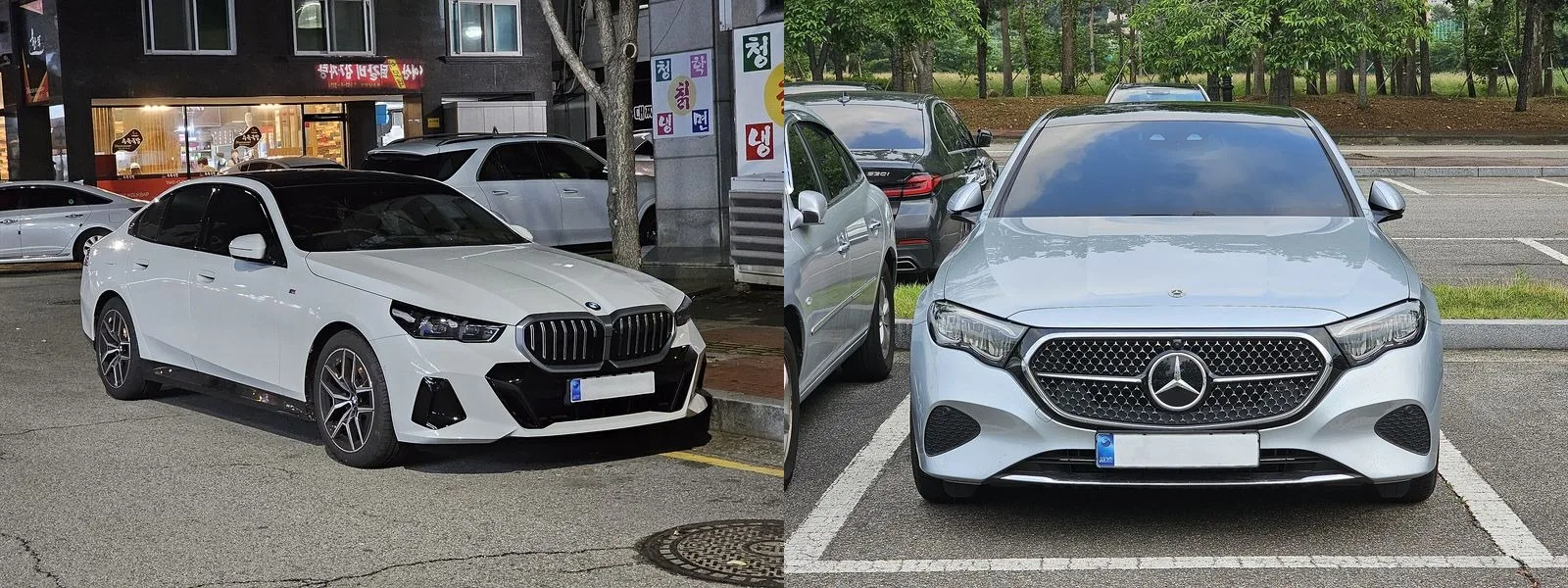 야간 주차장의 흰색 BMW 5시리즈(왼쪽)와 낮 주차장의 은색 벤츠 E클래스(오른쪽)를 나란히 놓은 사진