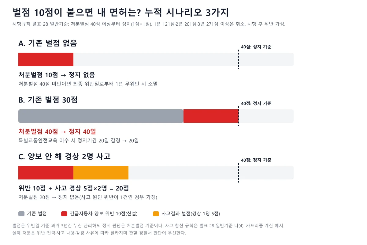 기존 벌점 0점, 30점, 사고가 겹친 세 가지 경우에 긴급자동차 양보 위반 벌점 10점이 더해졌을 때 처분벌점 합계를 보여 주는 막대 도표