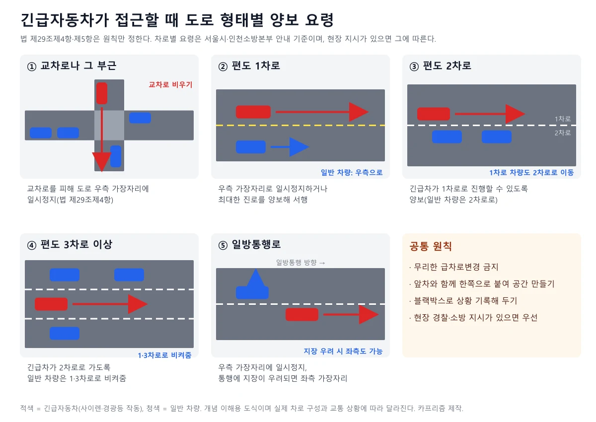 교차로 부근, 편도 1차로, 2차로, 3차로 이상, 일방통행로별로 긴급자동차에 길을 내주는 방법을 위에서 내려다본 도식