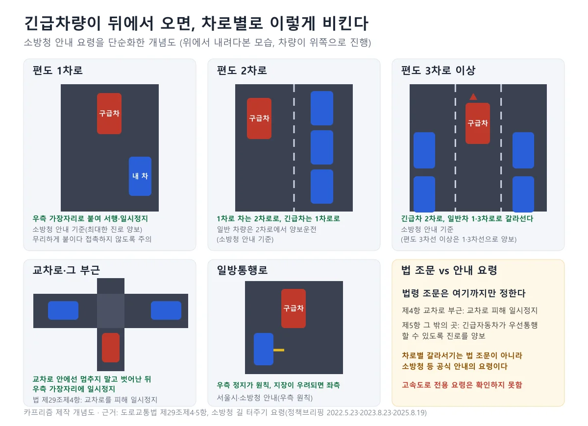 편도 1차로, 2차로, 3차로 이상과 교차로, 일방통행로에서 일반 차량이 구급차에 길을 내는 방식을 위에서 내려다본 개념도