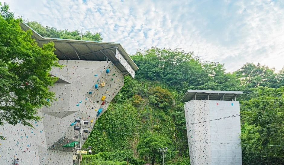나무가 우거진 산자락의 인공 암벽 시설 두 동